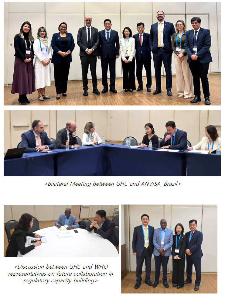 Photo of delegates from the Republic of Korea participating in an international meeting. The image shows two representatives seated at a conference table with laptops and microphones, speaking and taking notes during the session. A nameplate reading “Republic of Korea” is displayed in front of them, indicating national representation at the meeting, while other delegates are seated in the background.