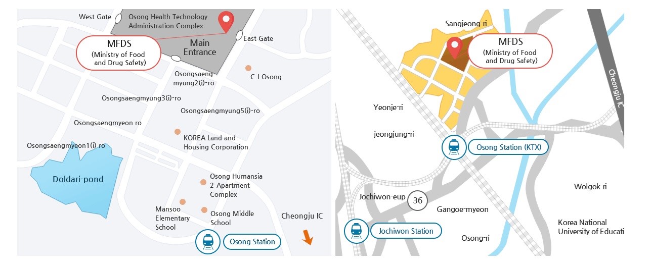 The Global Harmonization Center is located within Osong Health Technology Administration Complex. On the map : MFDS is at the center, KCDC to its left, NIH farther to the left, and NIFDS above MFDS.