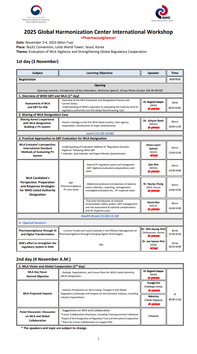 This image presents the detailed schedule of the 2025 Global Harmonization Center International Workshop on Pharmacovigilance, held on November 3 and the morning of November 4, 2025, in Seoul, Korea. The event takes place at Sky31 Convention, Lotte World Tower.  The workshop theme focuses on evaluating WHO Listed Authority (WLA) vigilance systems and strengthening global regulatory cooperation.  Day 1 begins with registration, followed by an opening session that includes welcome remarks, introduction of key attendees, and a group photo session.  The first session provides an overview of WHO Global Benchmarking Tool (GBT) and WLA for regulatory system strengthening. It covers the WLA evaluation and designation process, current status, and WHO’s approach to assessing regulatory maturity levels.  The second session presents Korea’s experience in WLA designation, including inter-agency cooperation and pharmacovigilance system development.  After lunch, the program continues with practical approaches to GBT evaluation for WLA designation. Topics include evaluation methods from an international standard perspective, preparation strategies for listed authorities, and case studies in pharmacovigilance systems, including adverse event reporting and risk management.  Speakers from international organizations and national agencies share insights into regulatory evaluation practices and real-world implementation.  A special session follows, focusing on pharmacovigilance through artificial intelligence and digital transformation, highlighting current trends and future directions in safety management. Another session discusses the Asian Development Bank’s role in strengthening regulatory systems in Asia.  Day 2 morning continues with sessions on WLA vision and global cooperation. Topics include key focus areas, expected outcomes, and future plans for WLA designation.  Industry perspectives are presented regarding the impact of WLA listing on global regulatory environments and domestic industries.  The workshop concludes with a panel discussion addressing collaboration strategies, joint initiatives, and the broader impact of WLA designation on regulatory trust and international cooperation.